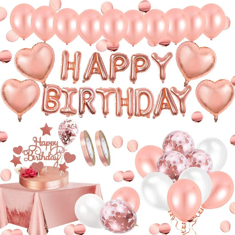 Happy Birthday Party Supplies Set Rose Gold Foil Balloon Party Decoration Kit
