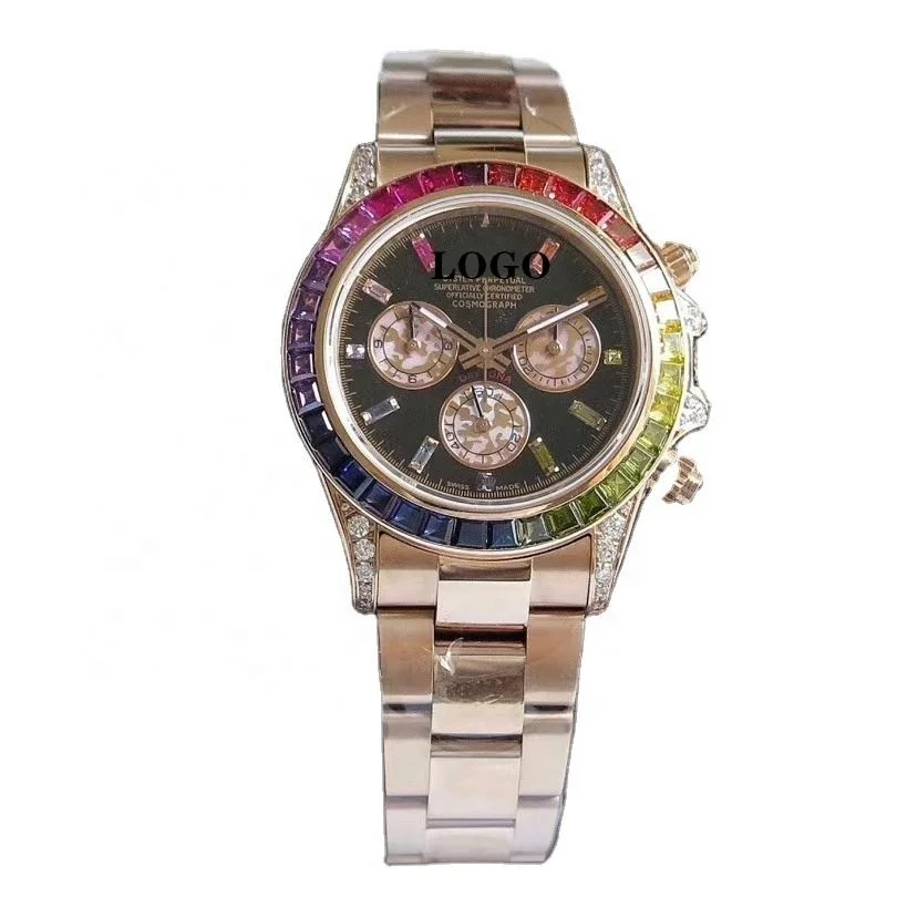 3A  watch quality Sports 7750 Timing movement 904L Steel Diamond Rainbow Circle Thickness Rose Gold rollexables watch aaa