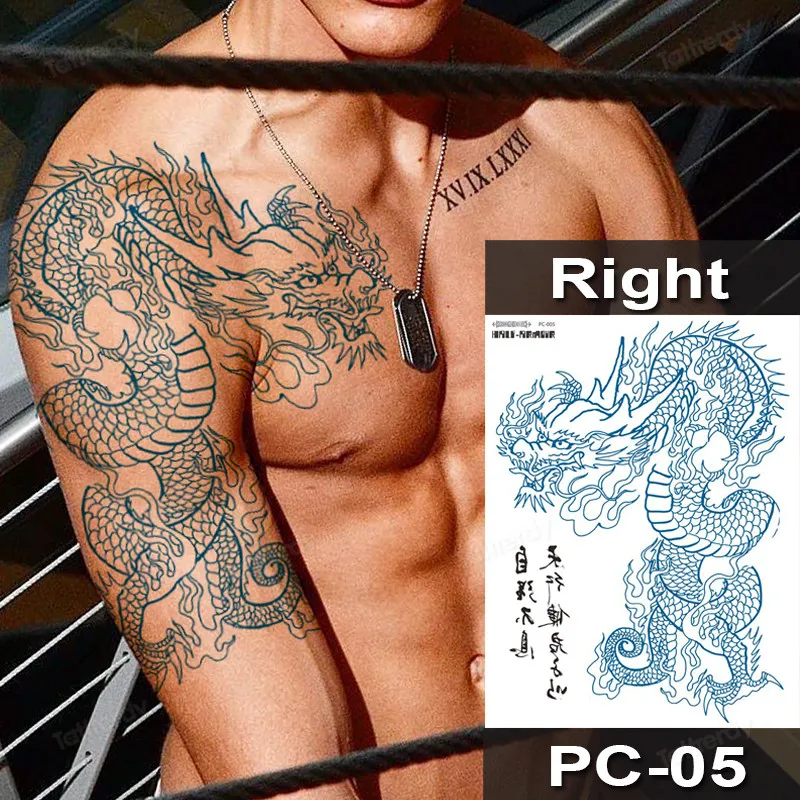 Waterproof Tattoo Sticker Male Half Shoulder Dragon Totem Arm Art Fake Tattoo Black Big Large Size Tattoo For Men Adult Beauty