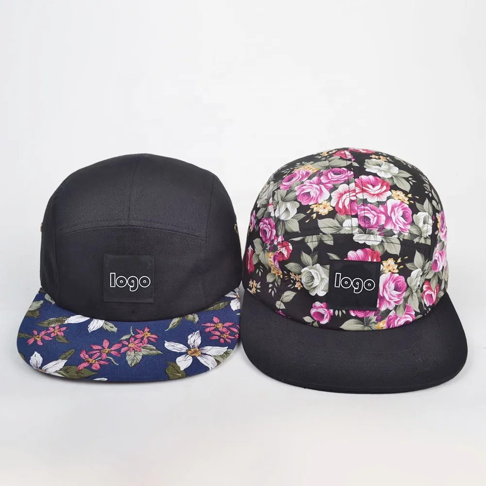 summer custom embroidery snapback cap  all over printed logo five panel camp cap 5 panel hat