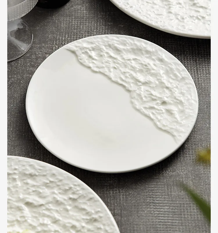 Novelty Rock Stone Ceramic Serving Platter Round White Porcelain Irregular Dinner Plate Steak Pasta Dishes Plates for Restaurant
