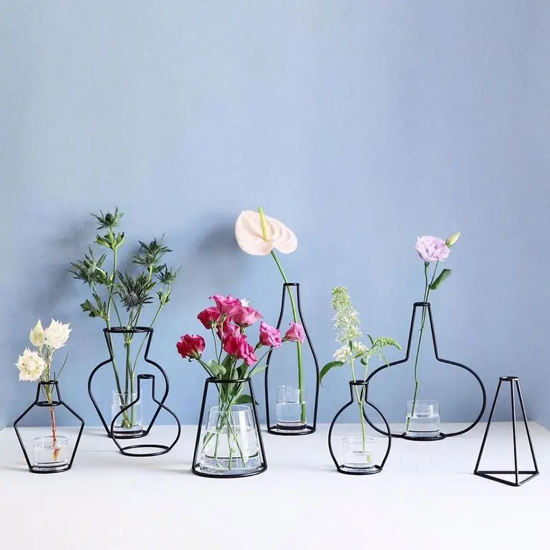 Handmade Nordic minimalist art table decoration black metal plant holder contour decor silhouette wire iron line vase for flower