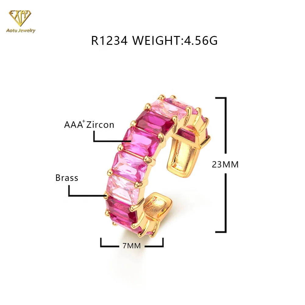 18K gold plated red corundum colorful baguette cz diamond open rings