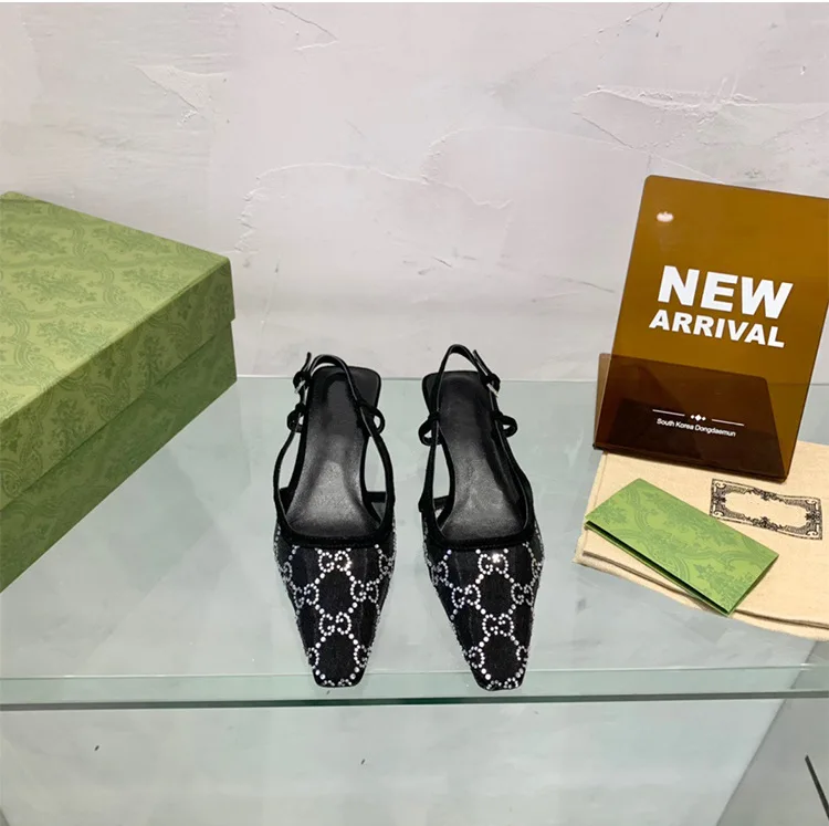 2024 Spring/summer new sexy square mesh hot water diamond and square heel sandal lady
