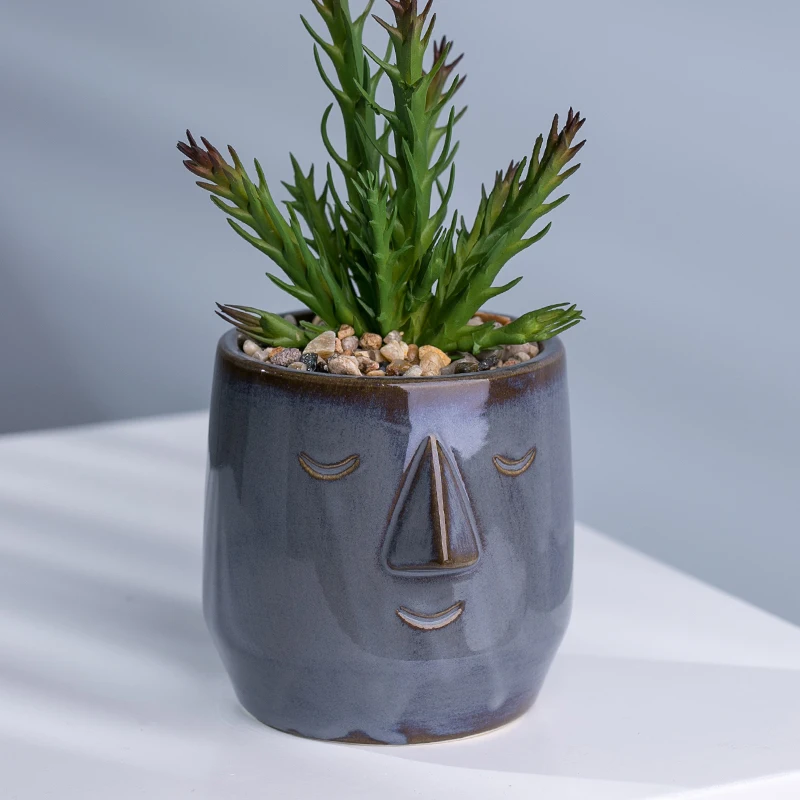 High Quality Color Glazed Face Pot Ceramic Garden Pot With Plastic Artificial Succulent Plants