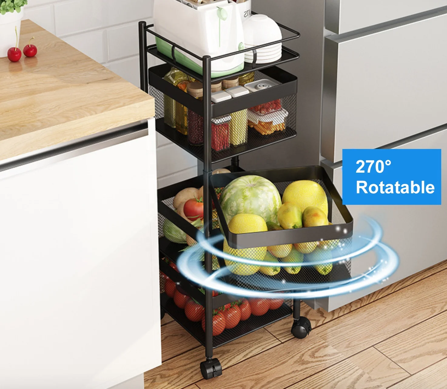 Rotating Shelf 360 Degree Baskets Kitchen Fruit Vegetable Storage Rack Floor Round Household Multi-function Shelf With Wheels