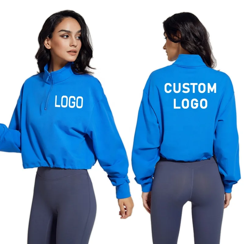 Plus Size Cropped Half Zip Cotton Embroidered Oversized Custom Women Crewneck Pullover Sweatshirt