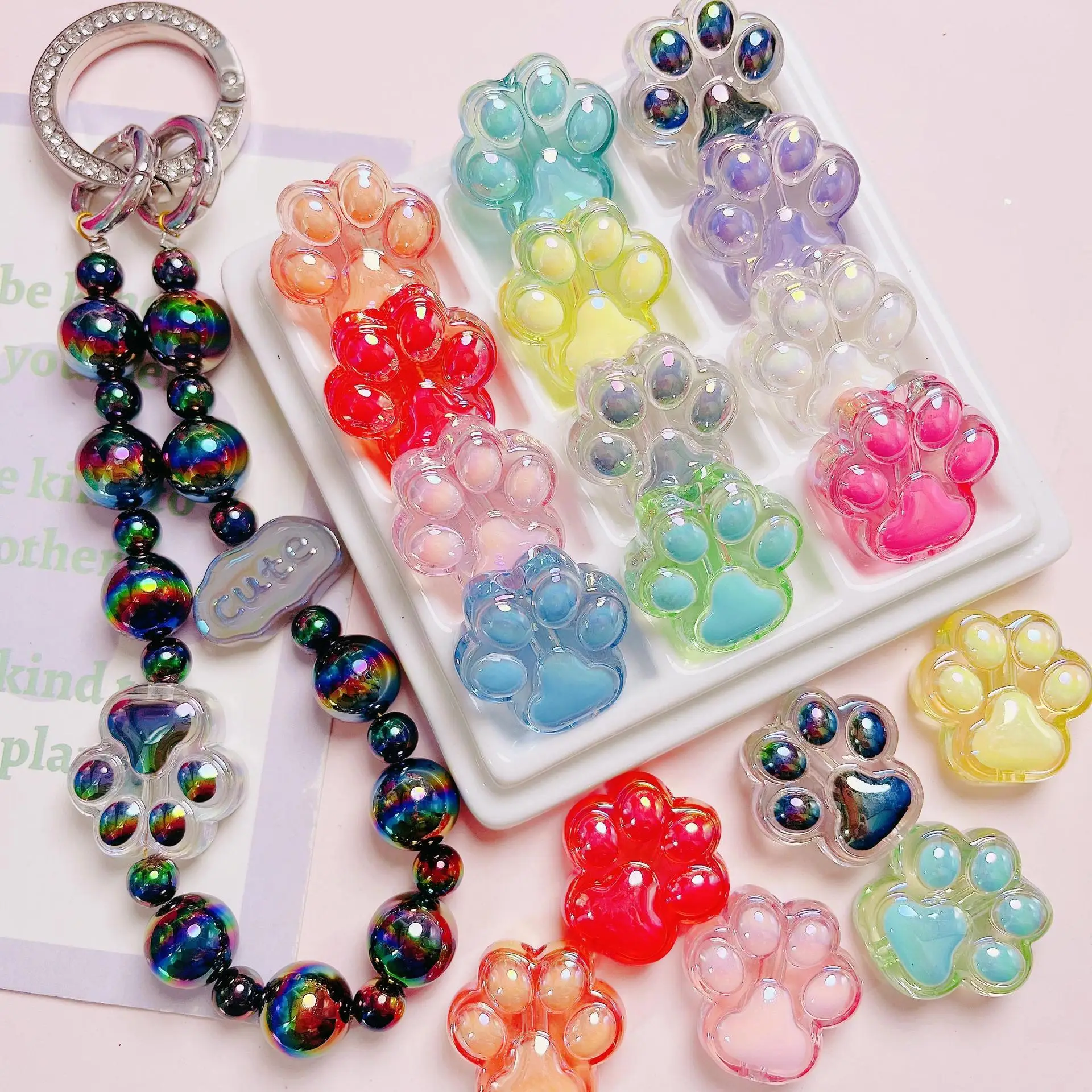Color Transparent Cute Cat Claw Vertical Hole Bead DIY Mobile Phone Chain Pendant Material Acrylic Loose Beads