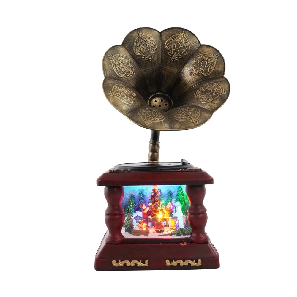 Wholesale new arrive noel Xmas scene Led light up musical resin Phonograph Christmas Decoration with christmas tree inside