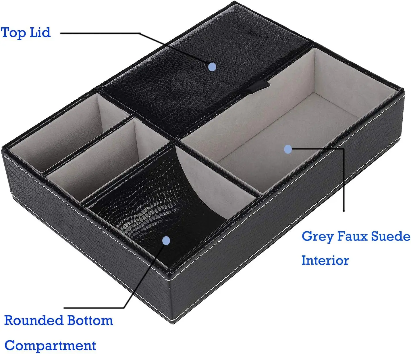 Mens Valet Desk Tray Nightstand Organizer With 5 Compartments Dresser Faux Leather Storage Case for Wallet Phone Keys