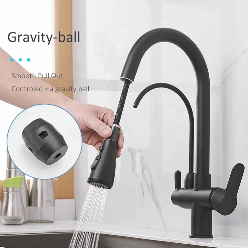 Black stainless steel three functions hot and cold drinking faucet tap pull out kitchen sink faucet