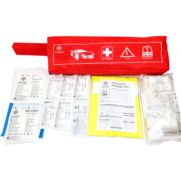 first aid kit meet DIN 13164 / verbandskasten 13164 BSCI audit auto first aid bag with triangle safety vest