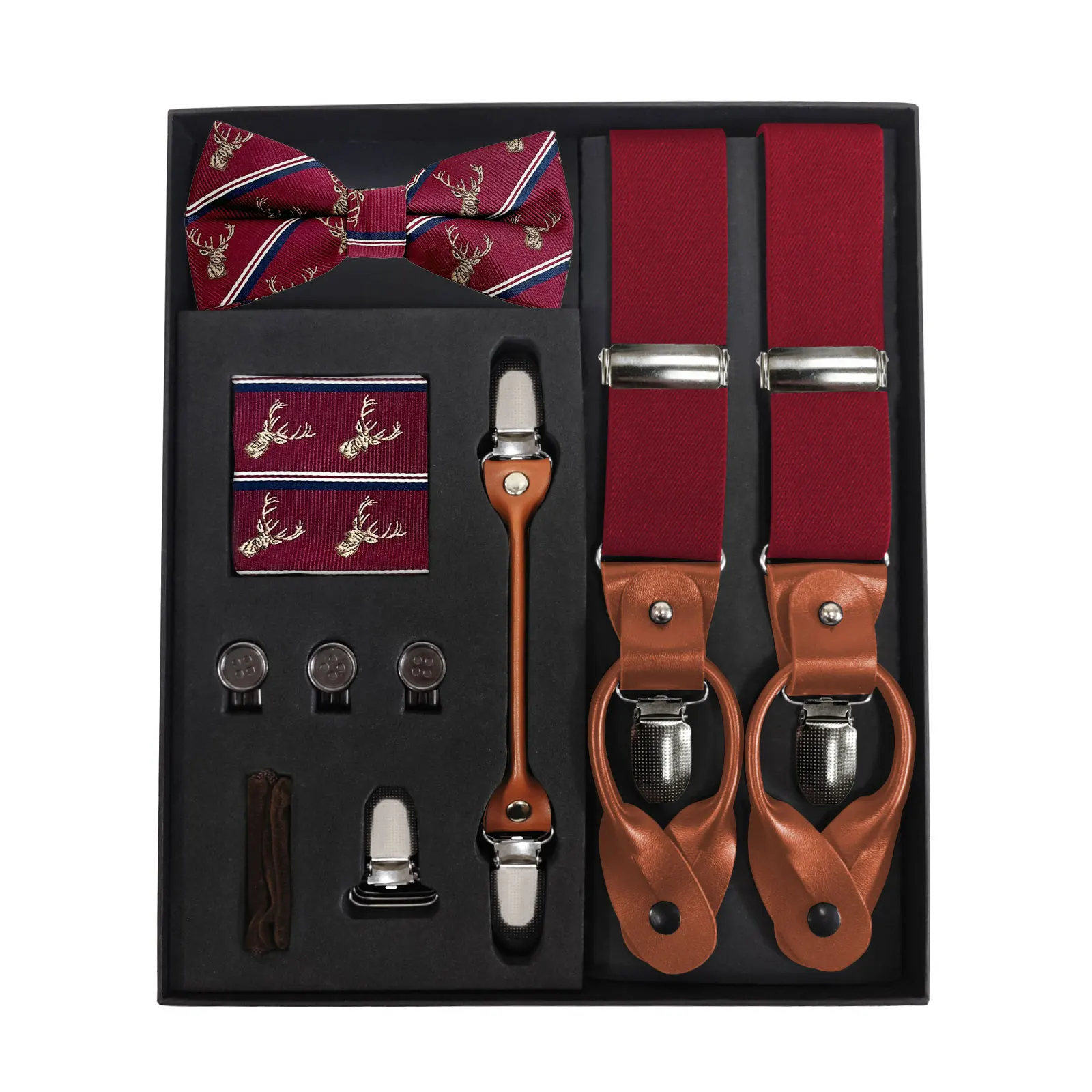 Iron button Christmas Suspenders and Bow Tie Sets for Men With cufflinks and Strap accessories for Wedding,party and Business