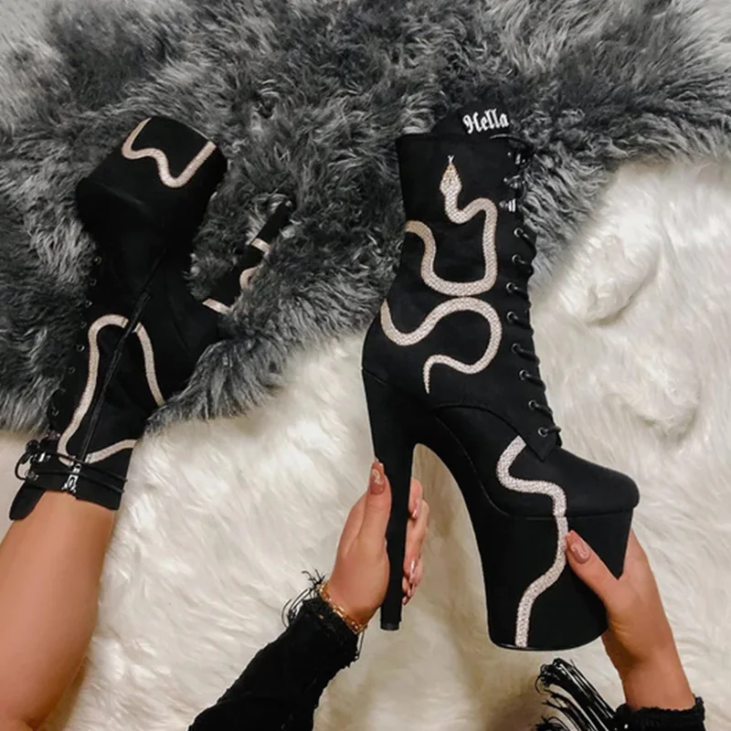 Custom snake print lace up zipper stiletto suede stripper ankle boots heels platform shoes 8 inch