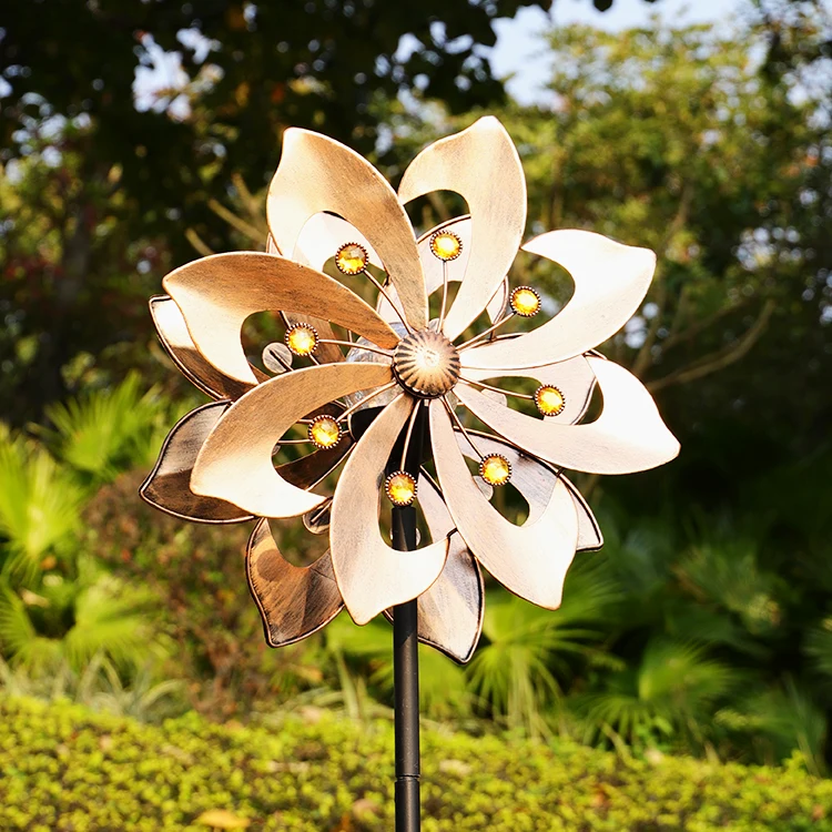 Outdoor Copper garden metal stake solar light kinetic 3d flower shape wind spinners