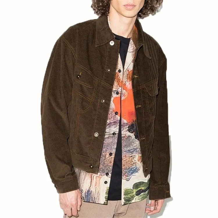 OEM custom autumn fashion brown lap breast pockets straight stripes corduroy jacket for men