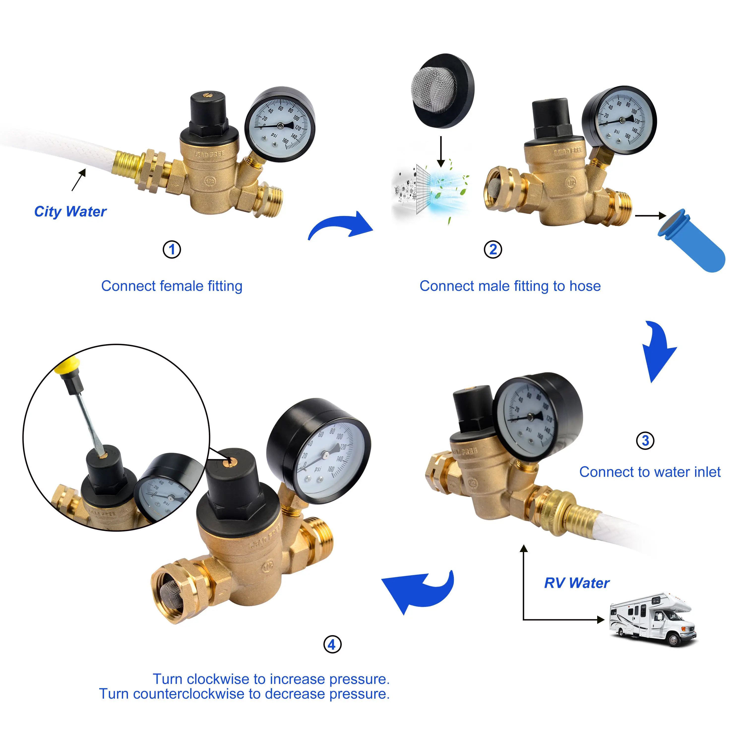Pressure Regulator Valve Brass Lead-Free Adjustable Water Pressure with Gauge Reducing Valve