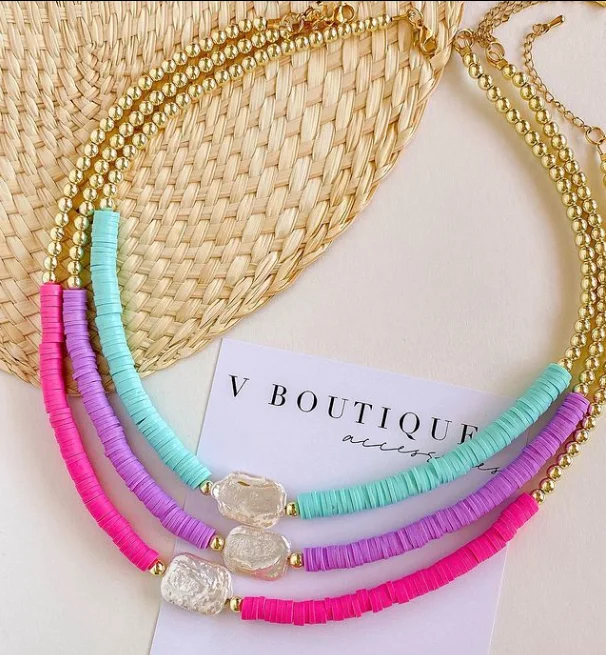 Wholesale  Fashion Heishi Disc Beads Choker Necklaces Polymer Clay Gold Plated Beads necklace for women