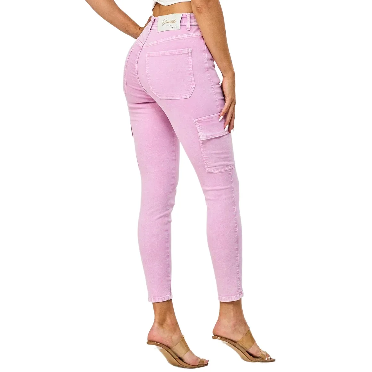 Wholesale Women Denim Fabric Slim Cargo Pants High Quality Ladies High Waist Design Pink Skinny Jeans