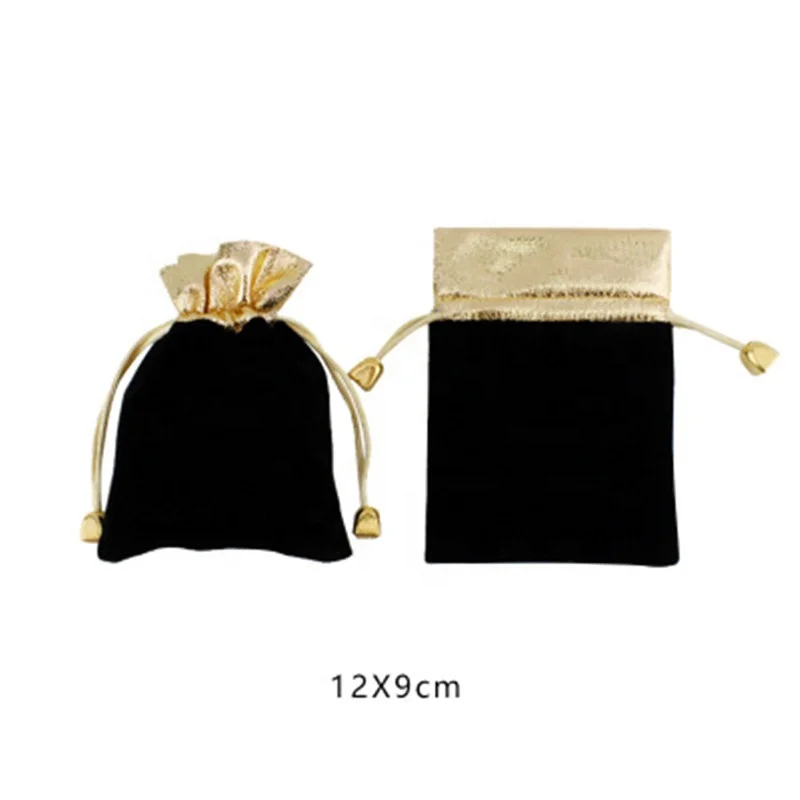 
50pcs/Lot Black Velvet Pouches Lint Bag Jewelry Pouches Golden Top Drawstring Velvet Bag 