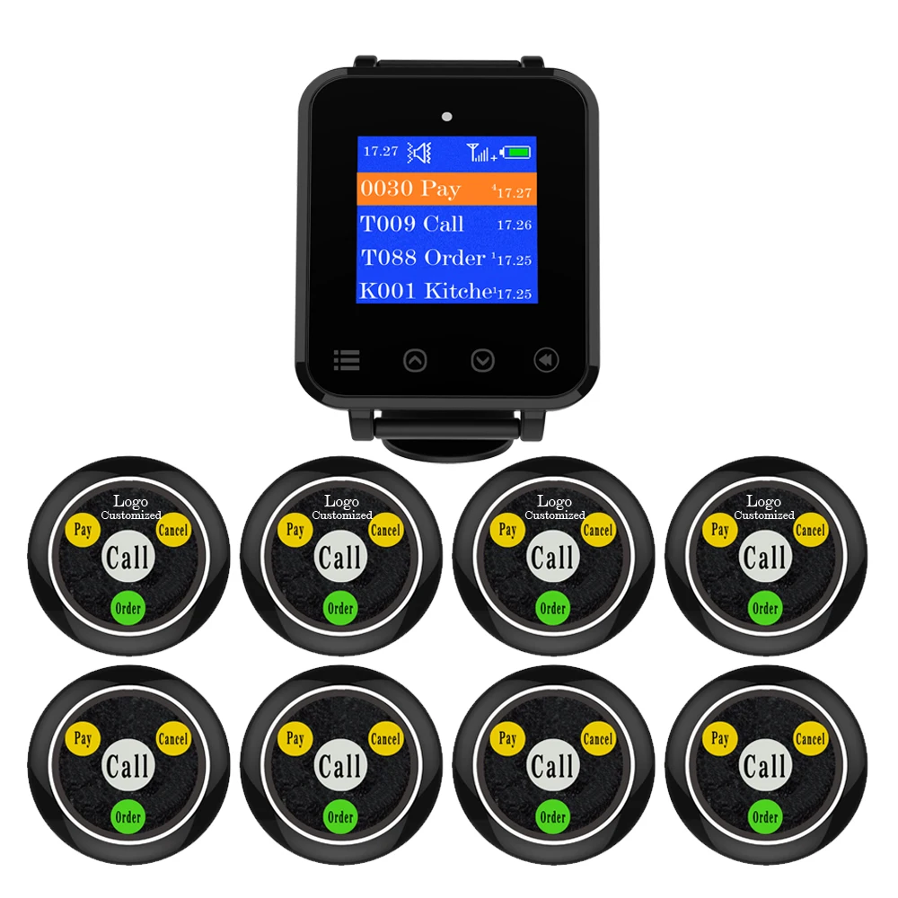 Artom Wireless table nurse call bell system with waterproof watch receiver set in different language and customized free logo