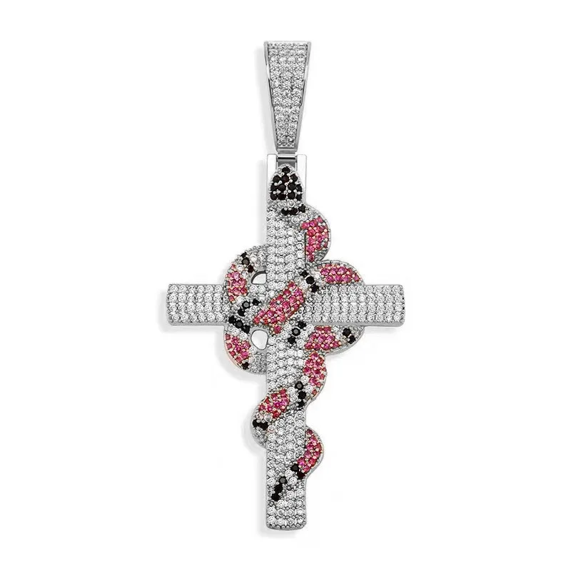Hip Hop Hot Sale New Color Full Diamond Snake Winding Cross Pendant Necklace Charms Cuban Link Chain Necklace Fashion Jewelry