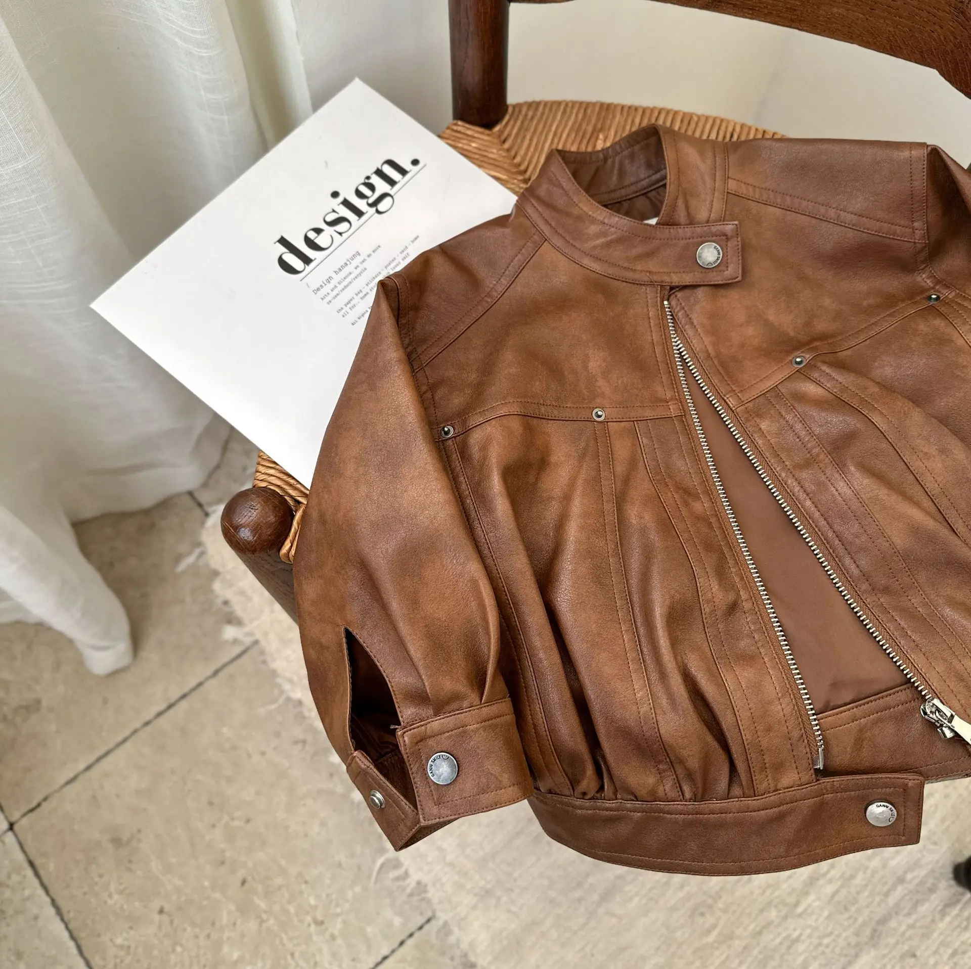 spring autumn children PU leather jacket infant toddler kids boy girls clothing solid brown beige coat