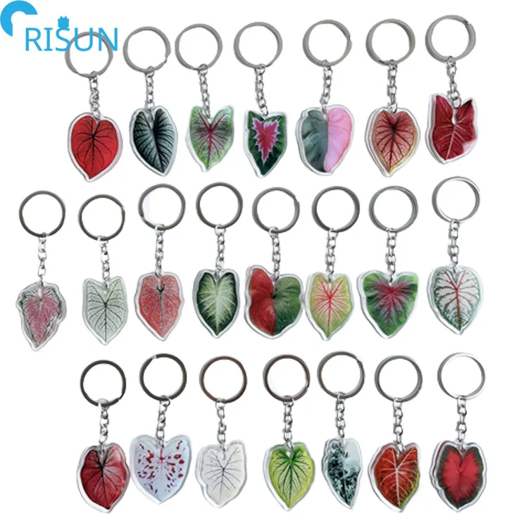 Wholesale Key Plant Leaves Double-sided Acrylic Flower Keychain Custom LOGO Leaf Glitter Plastic Keychains Chain