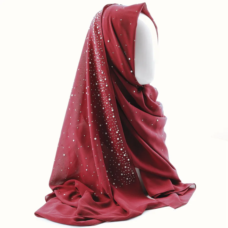 2019 new shades hijab solid color high quality rhinestone beads pearl chiffon hijab scarf shawl
