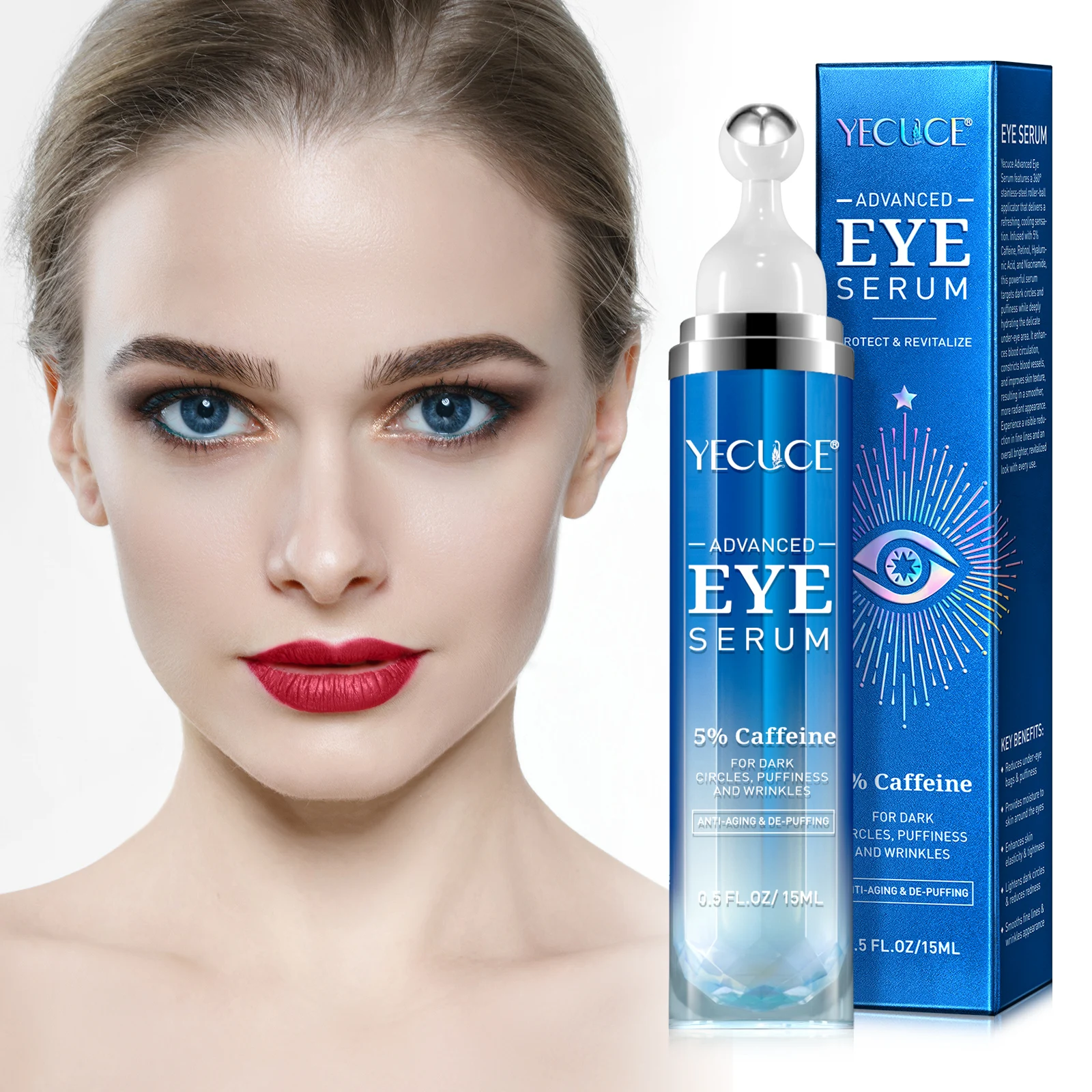 YECUCE hyaluronic acid anti aging eye contour serum roller 360 eye wrinkle lift serum retinol caffeine under eye lash serum