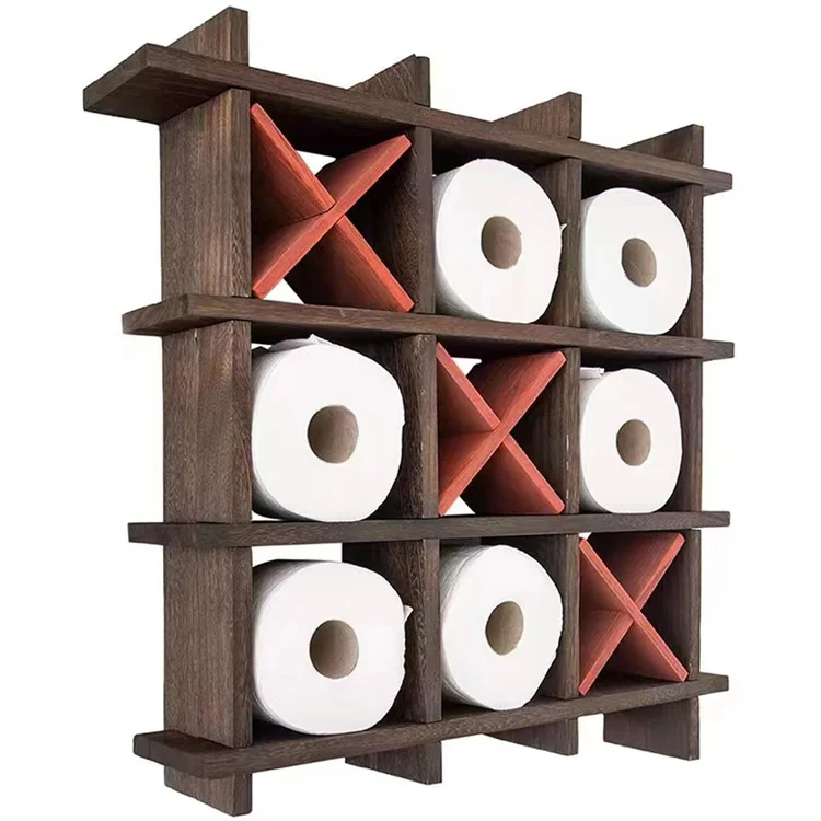 Rustic Wooden Toilet Paper Holder Tic Tac Toe Design for Wall Mounted or Freestanding Bathroom Tissue Roll Storage Organizer