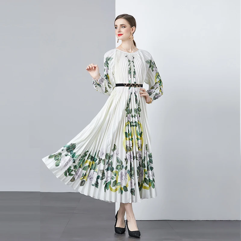 High-Quality Polyester Fabric Loose A-line Skirt with Elastic Waistband Printed Casual Midi Pleated Women Clothing Dress