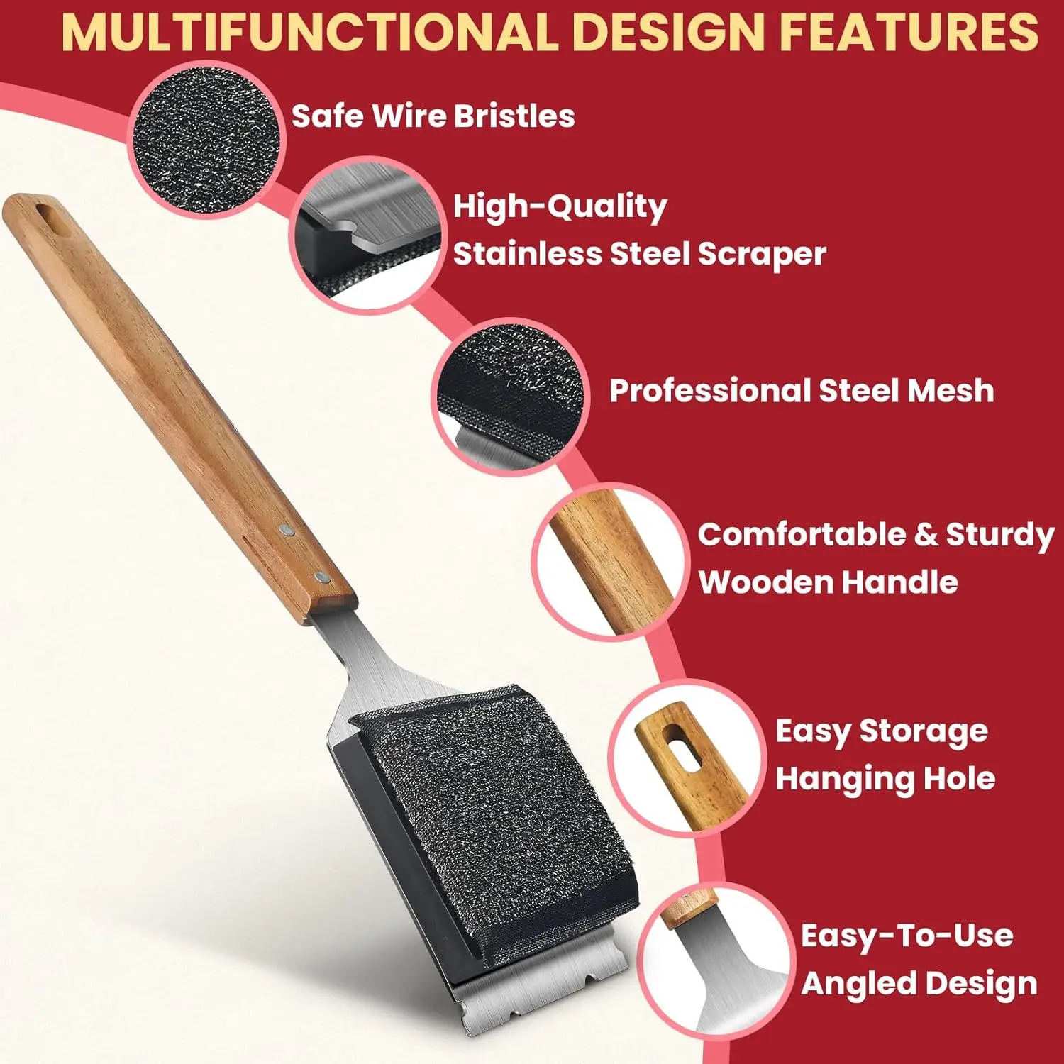 BBQ Cleaning Brush with Wooden Handle BBQ Accessories Bristless barbecue brush with additional replaceable scraper cleaning head
