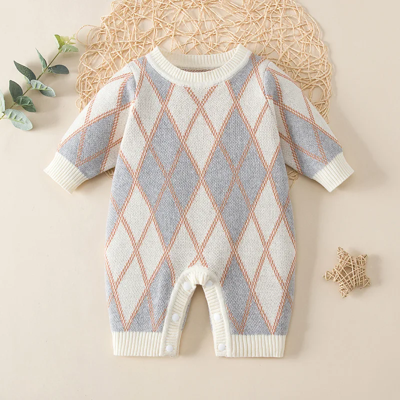 wholesale Newborn Baby Winter Plaid knitted Long Sleeve Jumpsuit sweatshirt baby rompers