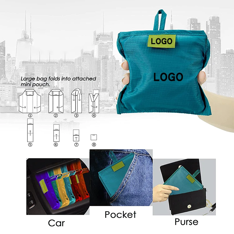 Custom eco recycle nylon foldable grocery tote bag polyester reusable folding shopping bag