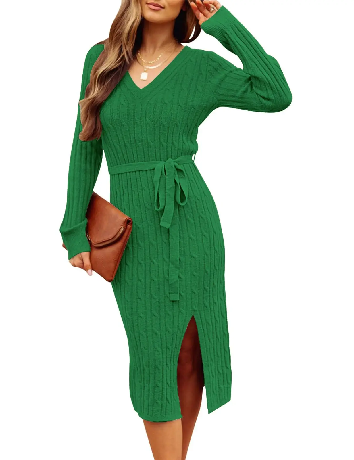 Long Sleeve V Neck Surplice Neck Twist Solid Midi Dresses Women Cable Knit
