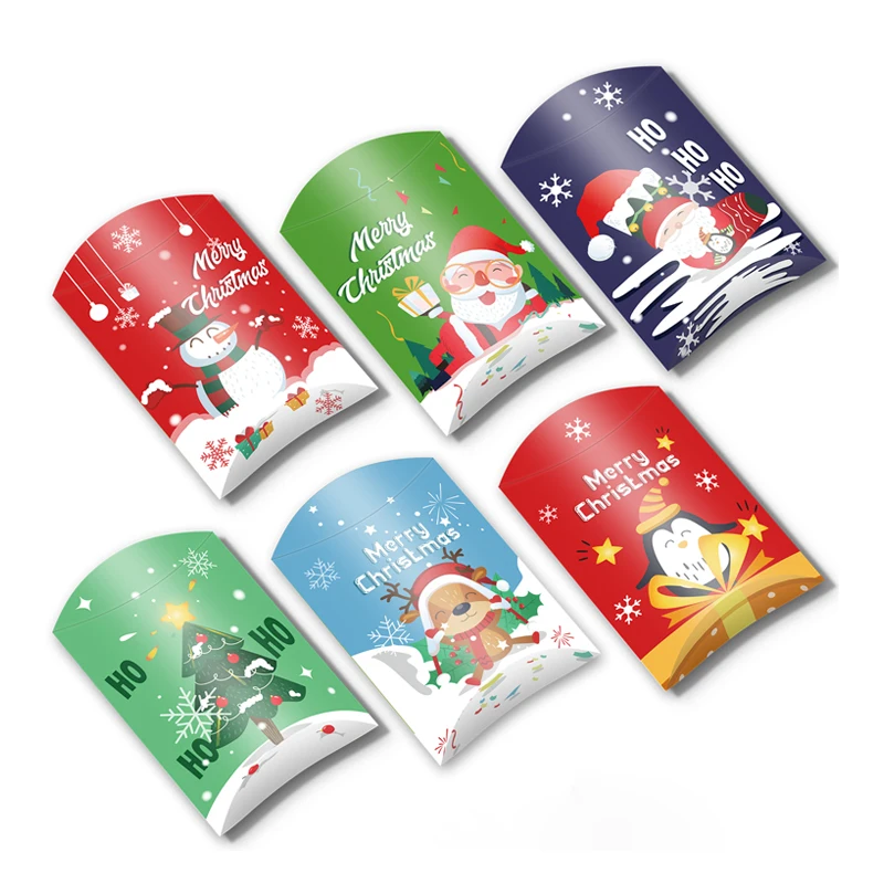 Amazon Hot Sale  Pillow Shape Candy Box Christmas Snowman Christmas Tree Party Gifts Candy Cookie Chocolate Pillow Carton Set