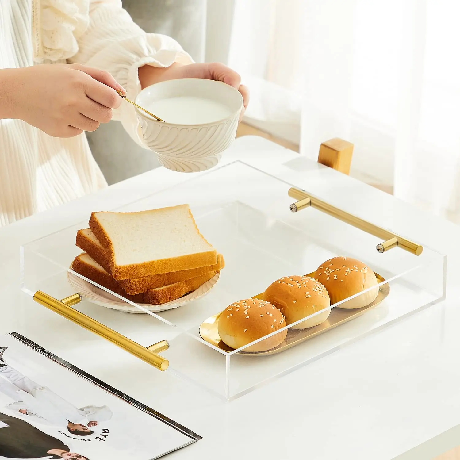 Custom Clear Acrylic Lucite Serving Trays with Metal Gold or Cutting Handles
