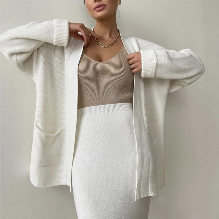OOTN 2024 New Knitwear Set Autumn Winter Cardigan Sweater For Women Loose Belted High-Waist Skirt Fashion Knitted Top Suits
