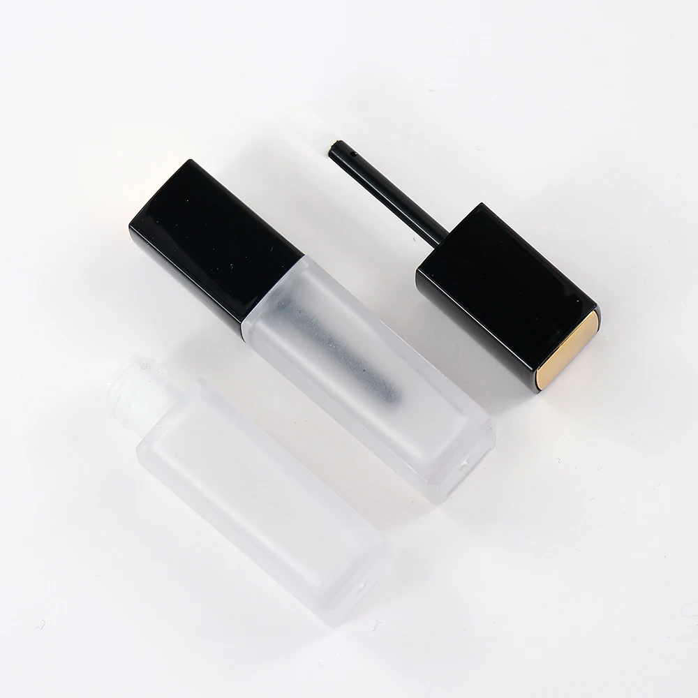 Custom empty clear frosted glass black square lip gloss tube container with gold top