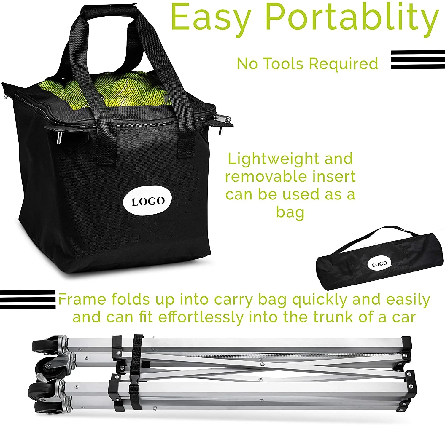 TC02A Portable Tennis Ball Hopper Basket, Lightweight Tennis Ball Cart, Wheeled Baseball Tennis Ball Caddy