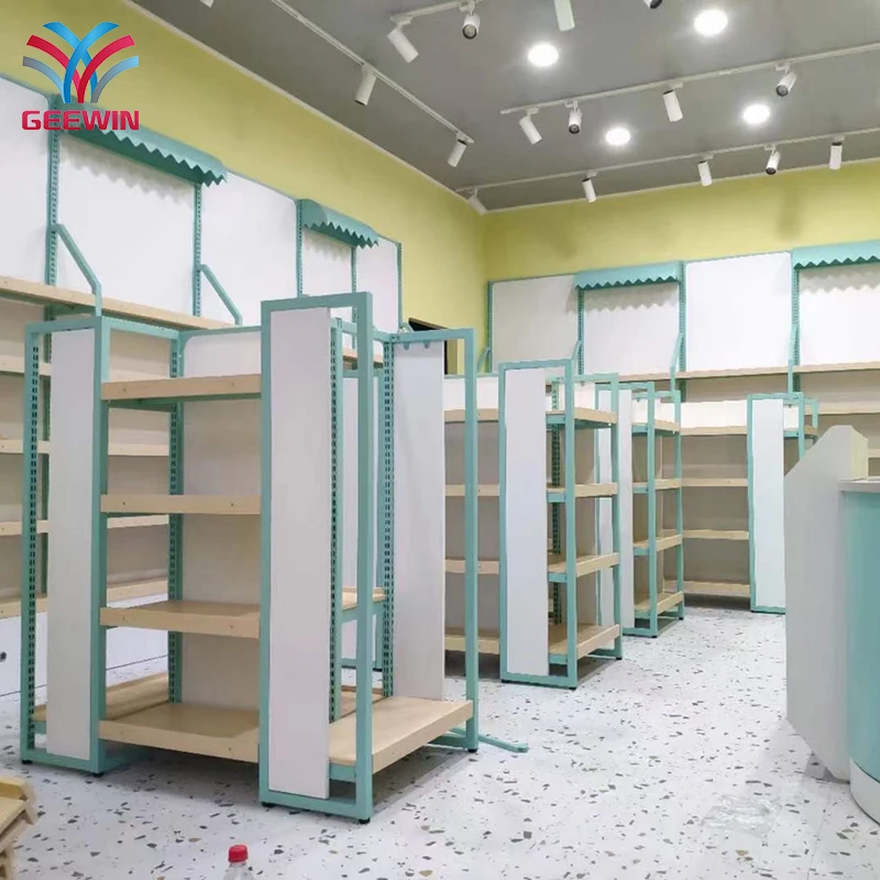 Baby shop display rack for food clothing toy scarf display rack metal frame mix wooden display shelving