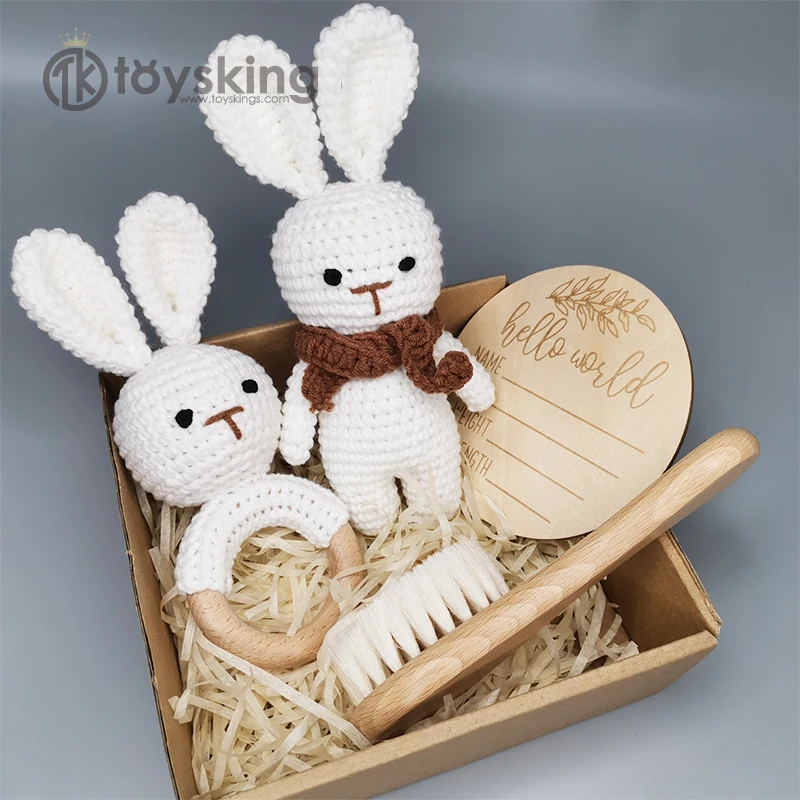 ToysKing 100% Handmade Crochet New Born Baby Gift Set, Bunny Toy, Beech Wood Teether, Goat Hair Brush, Birth Sign