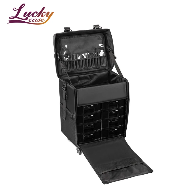 Women Rolling Makeup Case Trolley 2in1 Travel Cosmetic Train Cases on Wheels - Nylon Black Bags for Professional Make Up Artist