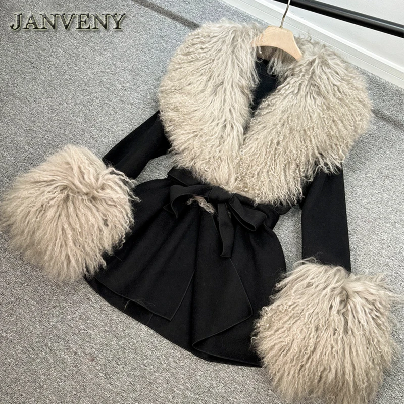 JANVENY New Real Fluffy Mongolian Lamb Fur Collar Cuff Woolen Jacket Women Winter Slim Sashes Mid Length Cashmere Trench Coat