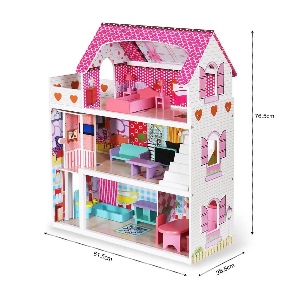 Cheap price wooden dream house with furniture included wholesale kids pretend play doll house furniture 1:12 scale