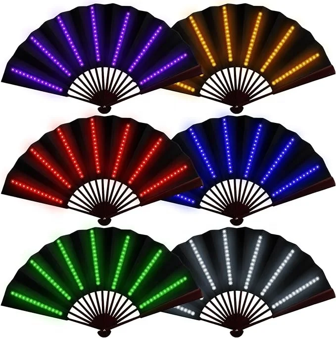 Black 13ins LED Folding Fan with Remote Control Led Folding Hand Fan Light Up Bamboo Rave Flash Fan For Party