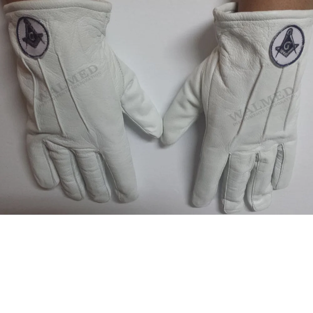 
Masonic Regalia Soft White Leather Gloves G Logo & Square Patch 