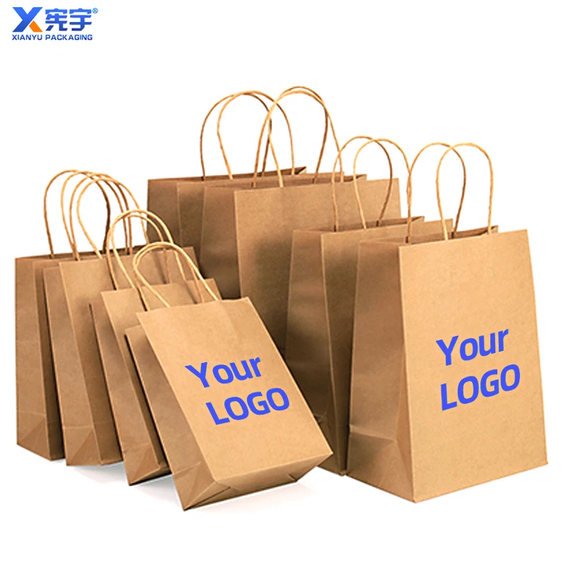 Custom logo 100pcs kraft paper shopping gift bag with handle party gift bag Clothing Packaging Shopping bag Gravure Printing