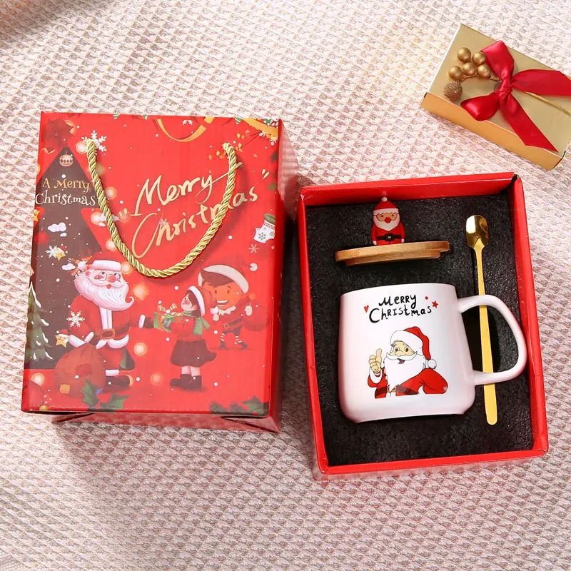 Custom Christmas Mugs Cute Cups Ceramic Santa Claus Christmas Tree With Lid Spoon Gift Box